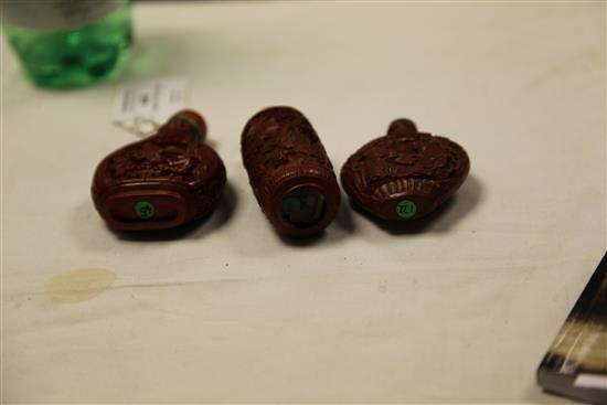 Three Chinese cinnabar lacquer snuff bottles, 1750-1850, Richards no.s 45, 172 and 464